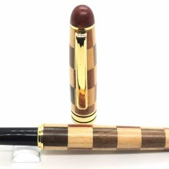 Pen Savings Wood Fountain Pen, Checkered Pattern, Gold Trim, Medium Nib