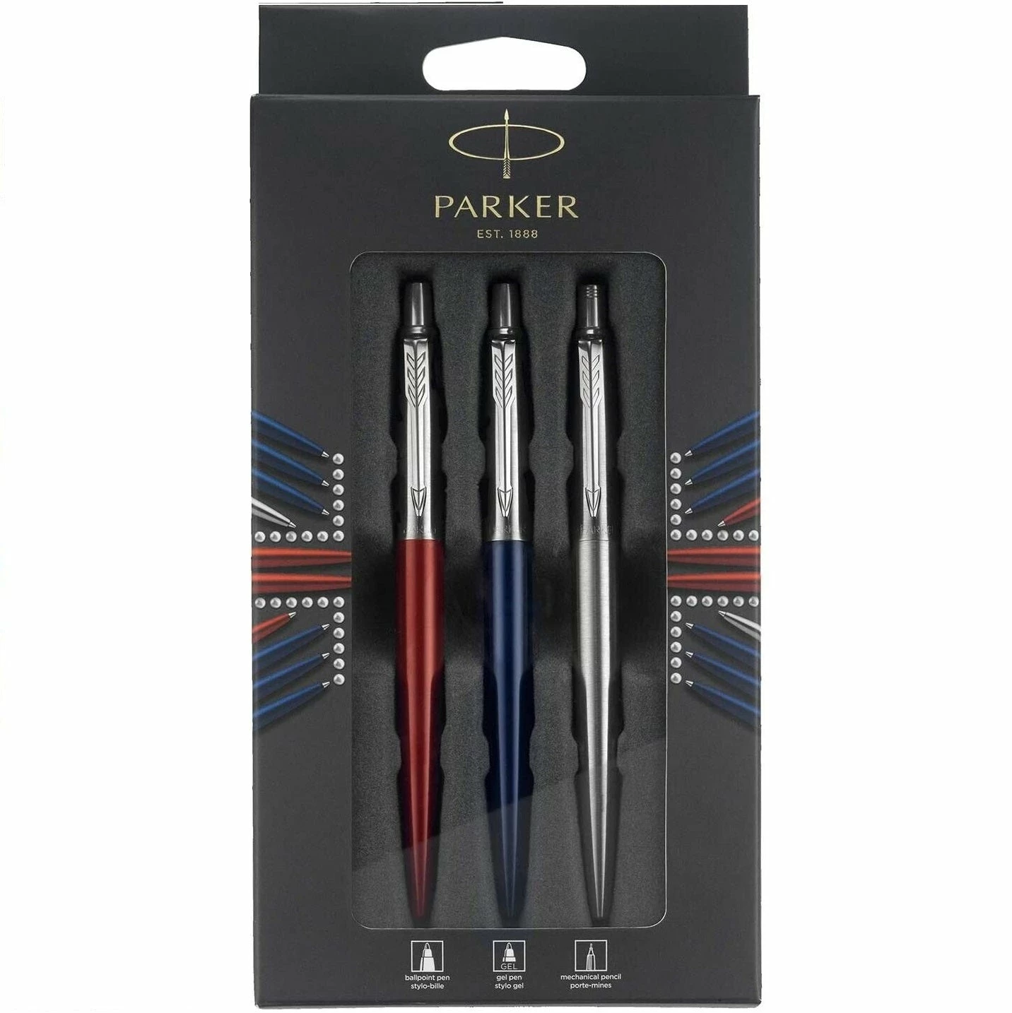 Parker® Parker 3-Piece Jotter Set, Blue Ballpoint Pen, Red Gel Pen, Stainless Pencil